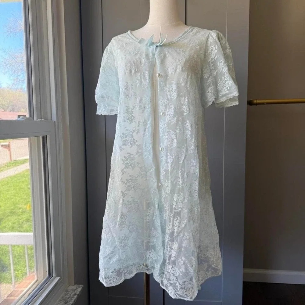 Shadowline Women's Sheer Lace Robe Light Blue Small Vintage Nylon